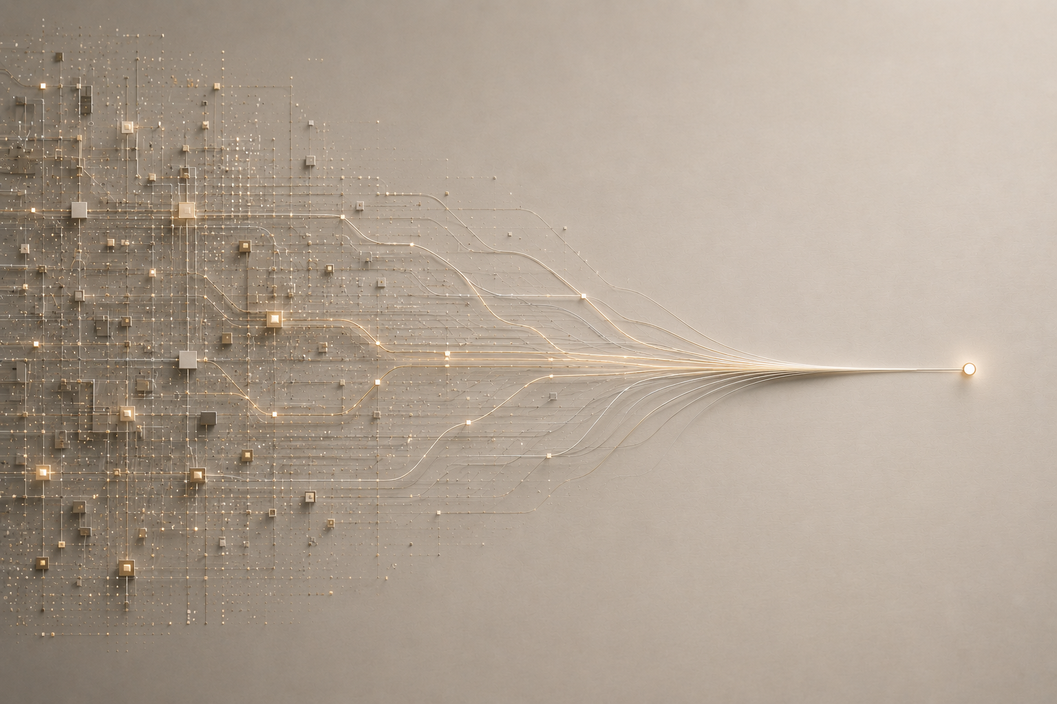 A dense network of paths resolving into a single point of light