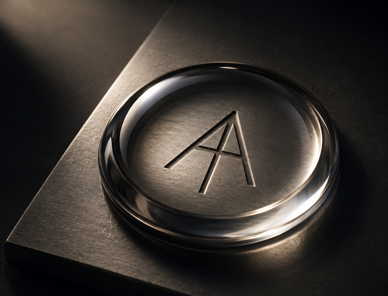 The Artmendel seal engraved beneath glass